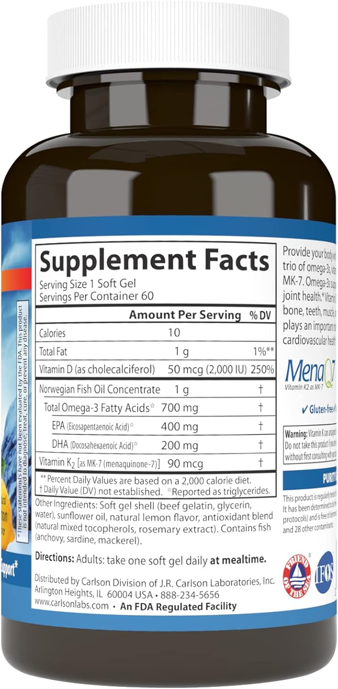 Carlson - Elite Omega-3 Plus D &amp K 700 mg Omega-3s + D3 &amp K2 Function Bone Health &amp Immune Support Lemon 60 Softgels