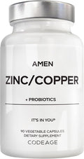 Amen Zinc &amp Copper Supplement + Probiotics 3 Months Supply One Per Day - 50 mg Zinc Picolinate Vitamin Pills - Essential Minerals Supplements – 2 Billion CFUs Probiotic – Vegan Non-GMO 90 Caps
