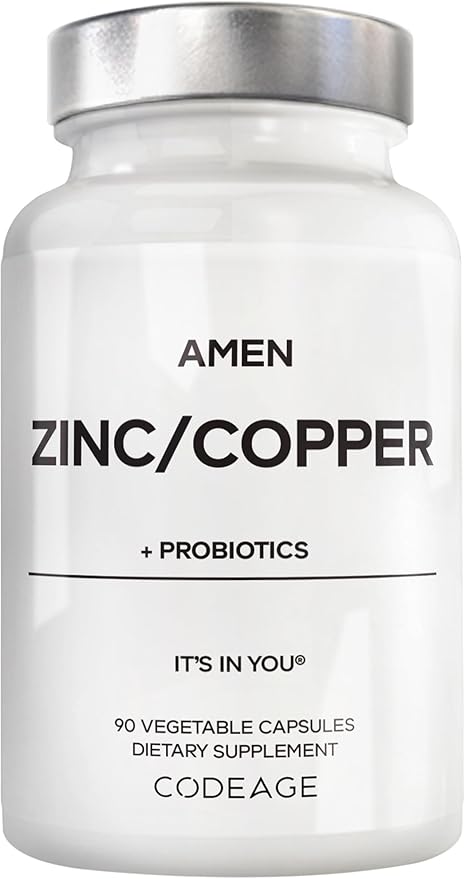 Amen Zinc &amp Copper Supplement + Probiotics 3 Months Supply One Per Day - 50 mg Zinc Picolinate Vitamin Pills - Essential Minerals Supplements – 2 Billion CFUs Probiotic – Vegan Non-GMO 90 Caps