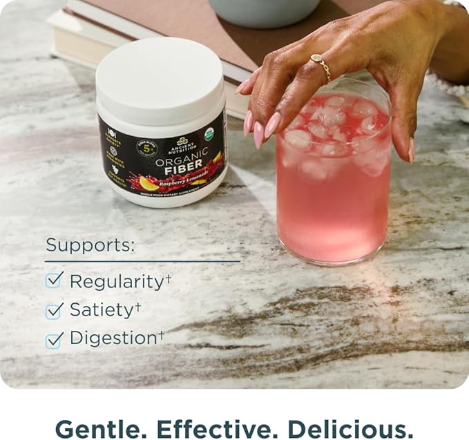 Ancient Nutrition Organic Fiber Powder Raspberry Lemonade Soluble Fiber from Acacia &amp Konjac Root Supports Digestive Health Reduces Bloating 6.5 oz