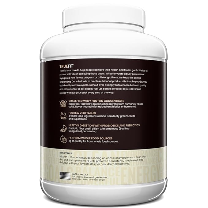 TrueFit High Fiber Protein Powder Grass-Fed Whey Meal Replacement Shake with Prebiotics Probiotics &amp Organic Superfoods Keto Friendly Gluten Free