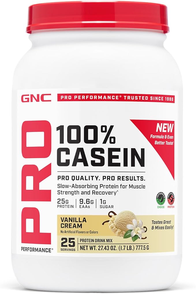 GNC Pro Performance 100% Casein Protein Powder 25g Protein Supports Sustained Muscle Strength Recovery Slow Digesting Gluten Free 3rd Party Tested Vanilla Cream 28 Servings