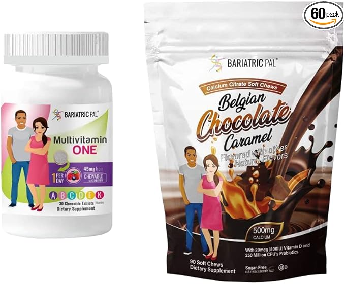 BariatricPal 30-Day Bariatric Vitamin Bundle (Multivitamin ONE 1 per Day! Chewable with 45mg Iron - Mixed Berry and Calcium Citrate Soft Chews 500mg with Probiotics - Belgian Chocolate Caramel)