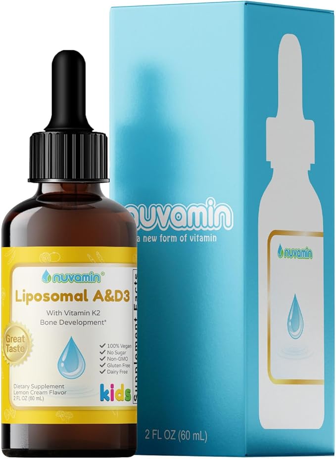 Nuvamin – Liquid Liposomal Vitamin A &amp D3 Drops with K2 for Baby Toddlers Kids &amp Adults 800 IU/mL 2 Fl.Oz (60ml) 120 Daily Serving Great Taste - All Natural - Superior Absorption Lemon Fl