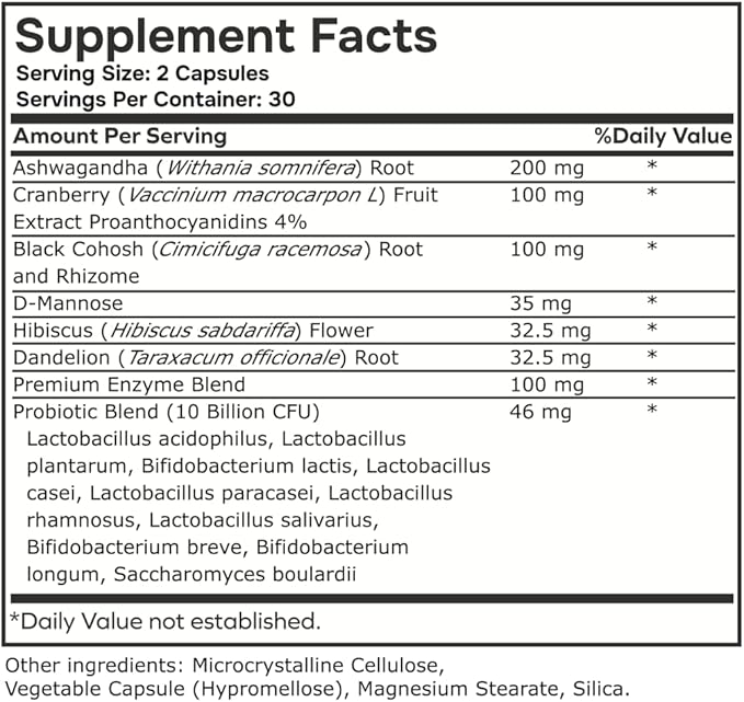 Probiotic for Women Balance Formula with Ashwagandha Cranberry Black Cohosh D-Mannose Hibiscus &amp Dandelion - Support Your Microbiome