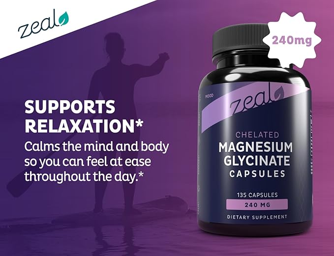Zeal Naturals Chelated Magnesium Glycinate Supplement - 240mg 135 Capsules | Magnesium for Sleep Muscle Recovery &amp Relaxation | Non-GMO