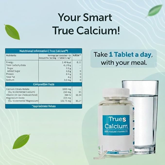 Tru Calcium 1000mg Supplement for Men &amp Women with Plant Based Vitamin D3 &amp Natural Magnesium for Healthy Bones - 60 Vegan Tablets