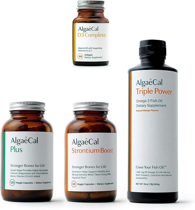 ALGAECAL Ultimate Bone Bundle - D3 Complete (1000 IU) + K2 Vitamin E Vitamin A &amp Plant-Based Calcium for Increased Bone Density &amp Omega 3 Fish Oil with 1200mg EPA DHA