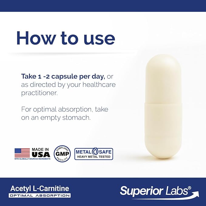 Superior Labs Acetyl L-Carnitine 500 mg High Potency ALCAR Pure Non-GMO Zero Synthetic Additives Maximum Absorption Energy &amp Fat Metabolism Brain Nerve &amp Cellular Detox Support (200 Ve