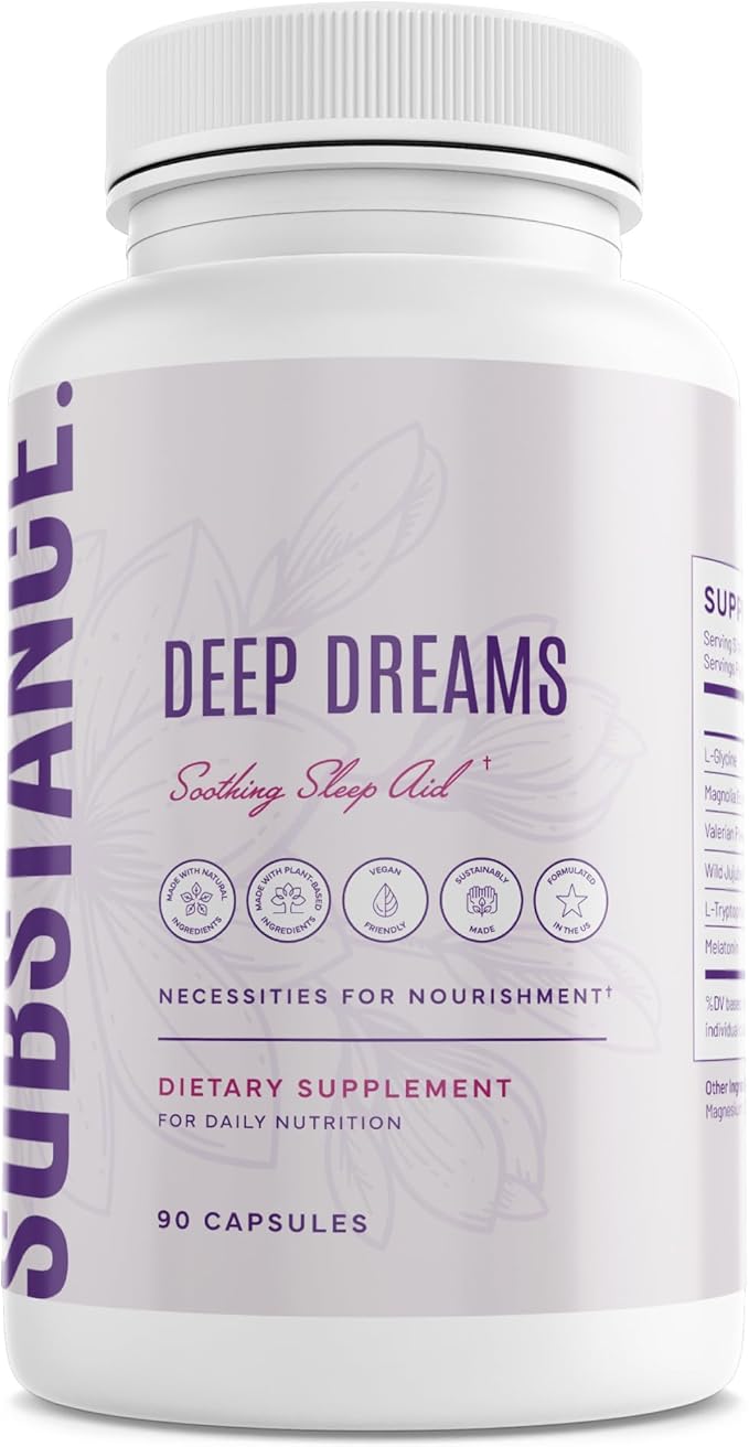 SUBSTANCE. Nature’s Deep Dreams Soothing Sleep Aid – Melatonin L-Glycine L-Tryptophan Valerian Root &amp Jujube Extract – Natural Sleep Support Supplement for Restful Sleep – 90 Capsules