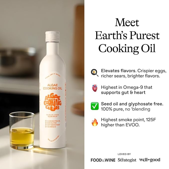 Algae Cooking Club Chef-Grade 100% Algae Cooking Oil - Avocado Oil Alternative - 535°F High Smoke Point - Omega-9 Rich Neutral Buttery Flavor - Seed Oil-Free - For Searing Baking Frying (2 16 fl o