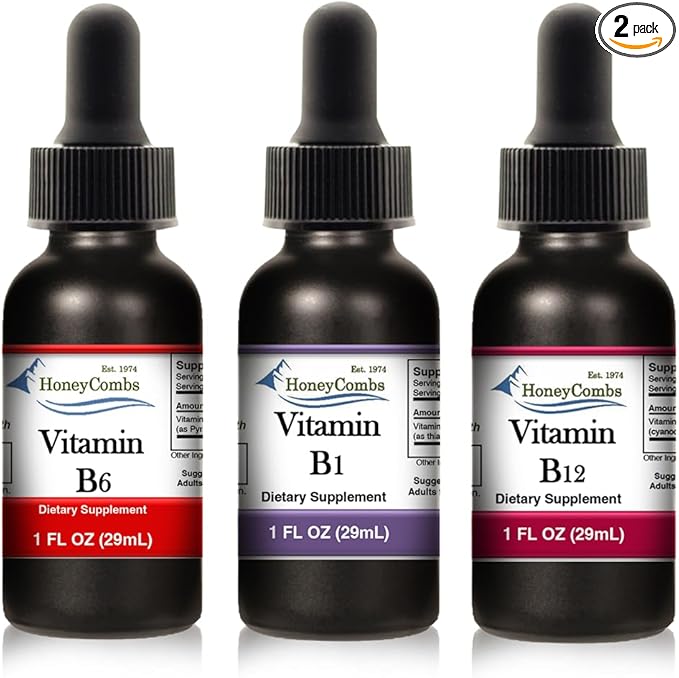 HoneyCombs Liquid Drops 1oz Each Save 10% - B12 Liquid Cyanocobalamin + Vitamin B1 (Thiamine) Drops + Vitamin B6 (Pyridoxine)