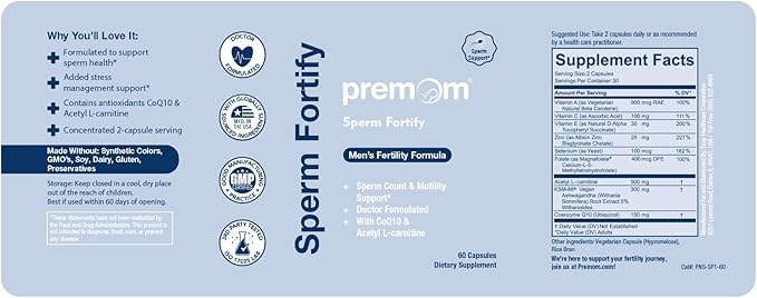 Premom Sperm Fortify – Male Fertility Supplements for Men with KSM-66® Vegan Ashwagandha CoQ10 as Ubiquinol Zinc Selenium&ampAcetyl-L-carnitine | Supports Sperm Health Motility &amp Count