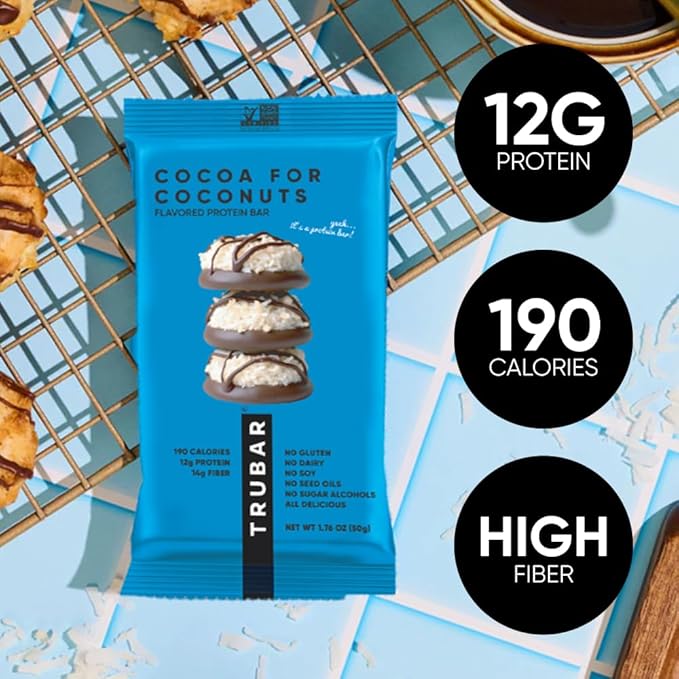 TRUBAR Vegan Protein Bar Cocoa For Coconuts Gluten Free Plant Based Protein Dairy Free Non GMO Soy Free No Sugar Alcohols 12G Protein 12G Fiber 23G Carb On the Go Snack Bars 12ct