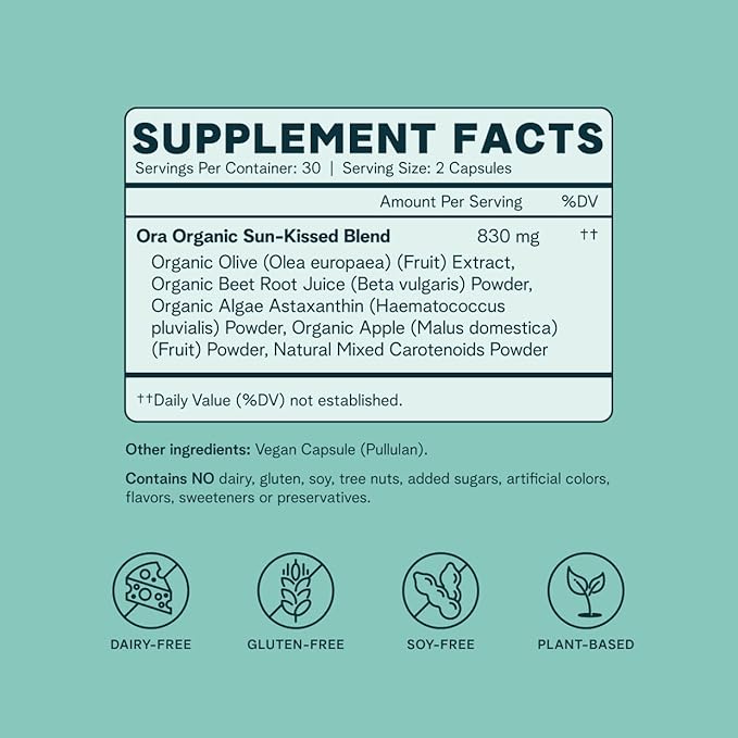 Ora Organic Skin Health Supplement - Sun Damage Support - Promotes Skin's Natural Defense | Vegan Antioxidants Including Astaxanthin and Carotenoids - 1 Month Supply 60 Capsules