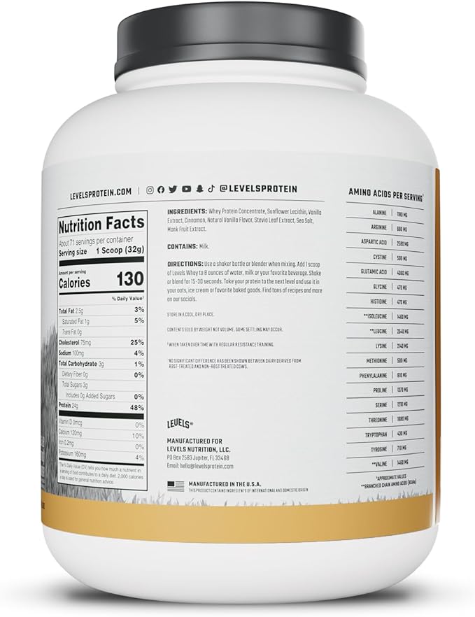 Levels Grass Fed Whey Protein Powder No Artificials 24G of Protein Vanilla Cinnamon 5LB