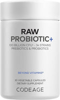 Codeage Raw Probiotic+ Supplement - 34 Probiotic Strains 100 Billion CFUs Raw Whole Food Probiotics Digestive Enzymes Raw Fruits &amp Veggies Prebiotics - Wild Kefir Culture - Non-GMO - 30 Capsul