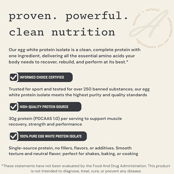 Anea Egg White Protein Isolate - Unflavored | 30g Protein | Fat-Free | 5.9g BCAA | Complete Amino Acid Profile | Dairy-Free Gluten-Free | Neutral Flavor for Shakes &amp Recipes | Made in GMP Facilit