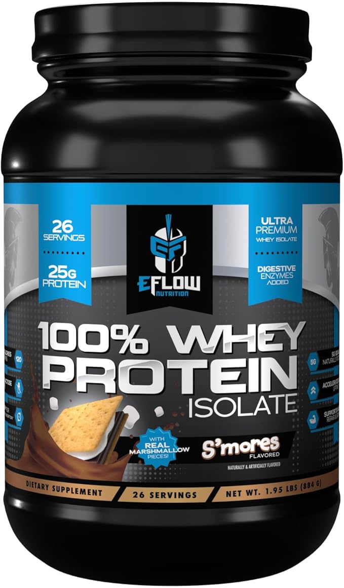 eFlow Nutrition 100% Whey Protein Isolate - Gluten &amp Lactose-Free Digestive Enzymes Added Low Carb Post Workout Shake Fast Digesting for Optimal Muscle Recovery - S'Mores (26 Servings)