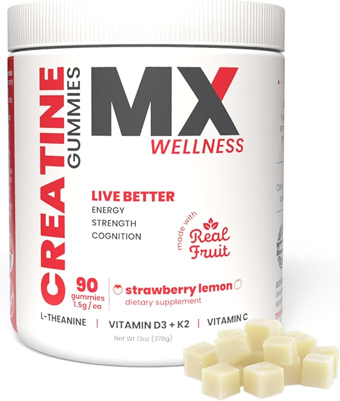 Creatine Monohydrate Gummies for Men &amp Women – Real Fruit Gummy Supplement for Muscle Growth Recovery Longevity Cognitive Health &amp Memory – 90 Chews (90 Gummies Strawberry Lemon)