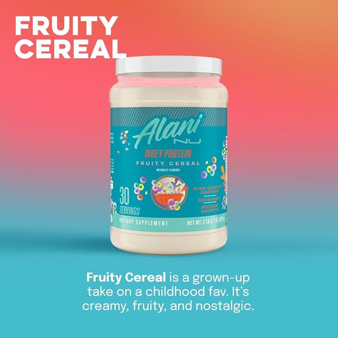 Alani Nu Whey Protein Powder Fruity Cereal | 23g Protein with Low Sugar &amp Digestive Enzymes | Meal Replacement Powder | Low Fat Low Carb Whey Isolate Protein Blend | 30 Servings