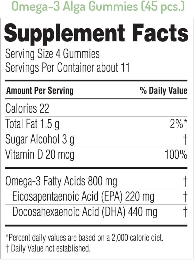 NORSAN Alga Premium Omega-3 Kids Vegan Gummies 45pcs - High Dosage DHA and EPA | 45 Vegan Chewing Gummies with 200mg Omega-3 per Gummie | Tutti Frutti Flavour | with Plant-Based Algae Oil