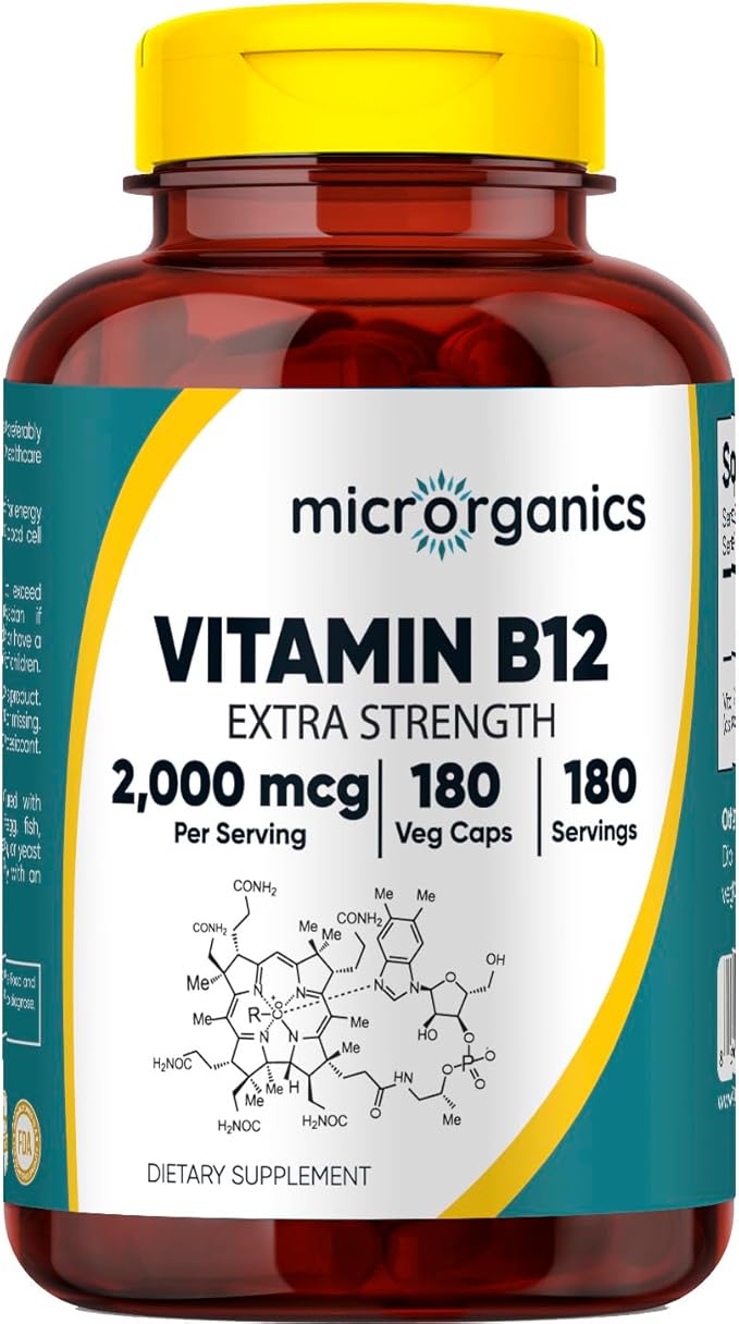 Vitamin B12 2000 mcg Extra Strength – Energy Focus &amp Nervous System Support – Cyanocobalamin Form – 180 Vegan Capsules 180 Servings