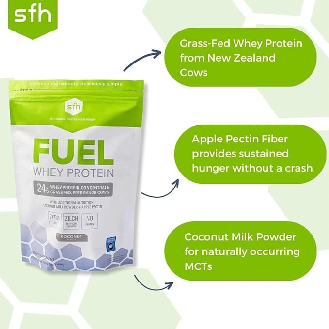 SFH Fuel Whey Protein Powder Great Tasting Grass Fed Whey | MCTs &amp Fiber for Energy | All Natural | Soy Free Gluten Free No RBST No Artificial Flavors (Coconut (2lb Bag))