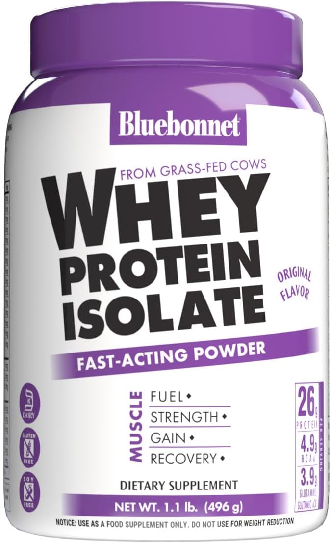 Bluebonnet Nutrition Whey Protein Isolate Powder from Grass Fed Cows No Sugar Added Gluten &amp Soy Free Kosher Dairy 17.6 Oz