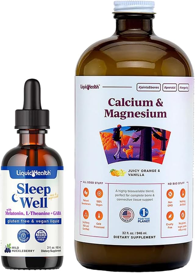 LIQUIDHEALTH Sleep Well Melatonin Drops &amp Calcium and Magnesium Liquid Joint Supplement Bundle - Natural Herbal Sleep Aid Promotes Relaxation Bone Tissue &amp Joint Support - USA Made Vegan