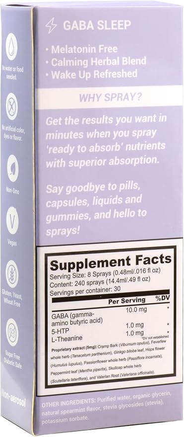 Melatonin Free GABA Sleep Support Spray Supplement 2 Pack -Vegan Natural &amp Effective Oral Spray with GABA L-Theanine 5 HTP &amp Herbal Blend. Non-GMO No Melatonin 60 Day Supply