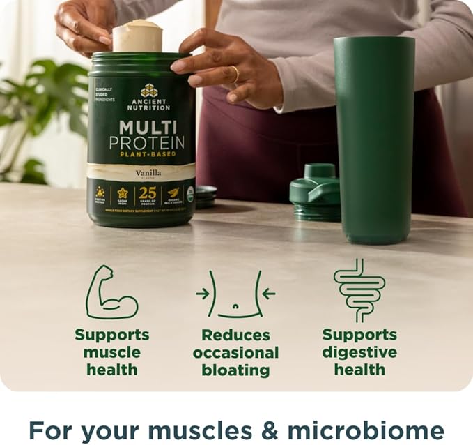 Ancient Nutrition Organic Multi Protein Plant Based Powder 25g Protein Hydrolyzed Pea Protein Digestive Enzymes &amp Probiotics Supports Muscle &amp Gut Health Vanilla 15 Servings