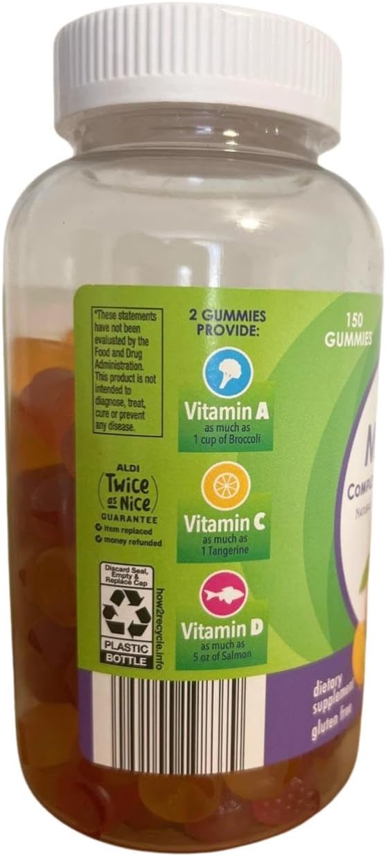 Generic Multivite Complete Adult Multivitamin Natural Berry Peach and Orange Flavors Dietary Supplement Gluten-Free 150 Gummies Friuty
