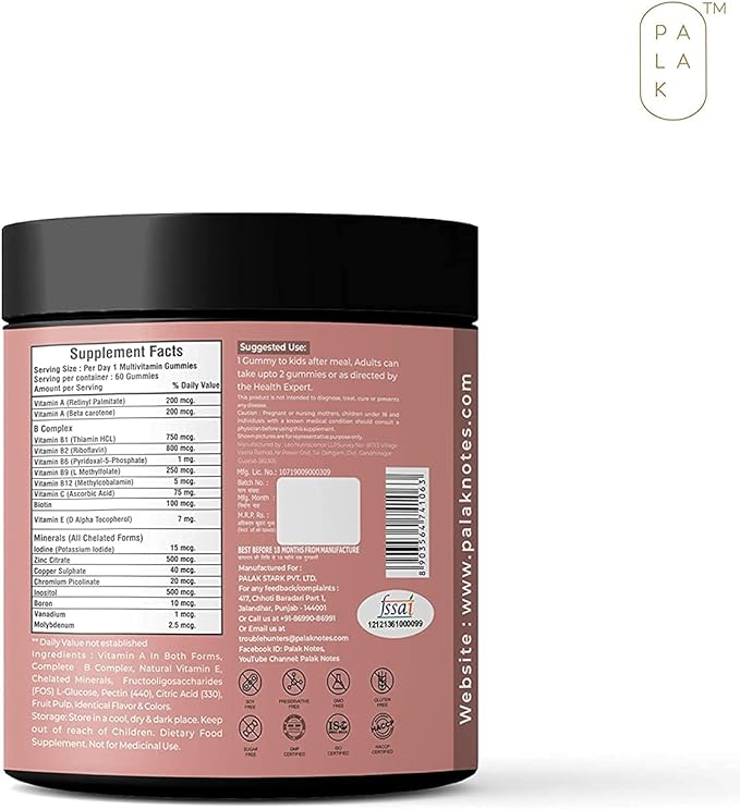 astha Palak Notes: Kids Multivitamin Multimineral I One Per Day I B Complex Vitamin C Vitamin A I Kids Immunity I No Fructose Corn Syrup No Preservative I Natural Flavour : 60 Gummies
