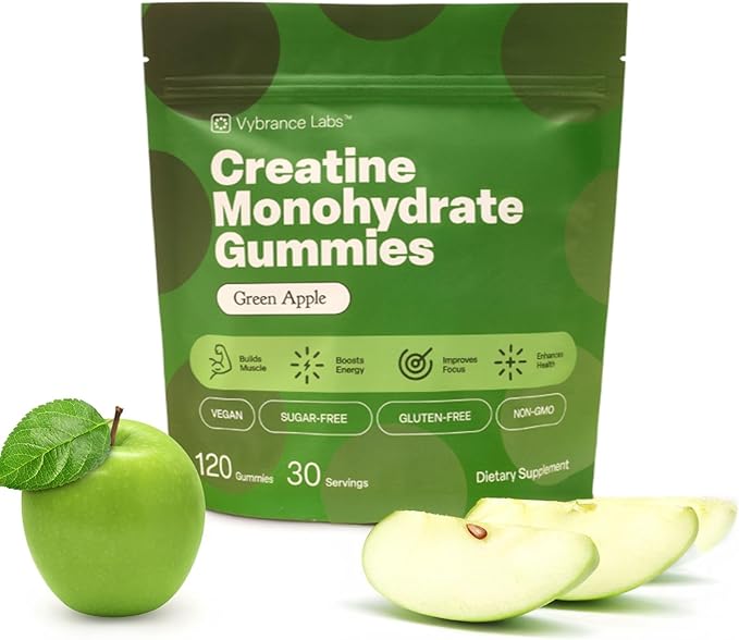 Creapure Creatine Gummies 5g + Taurine &amp B12 - Sugar-Free Vegan Gluten-Free - Green Apple - 120 Count (30 Servings) for Strength Energy &amp Focus