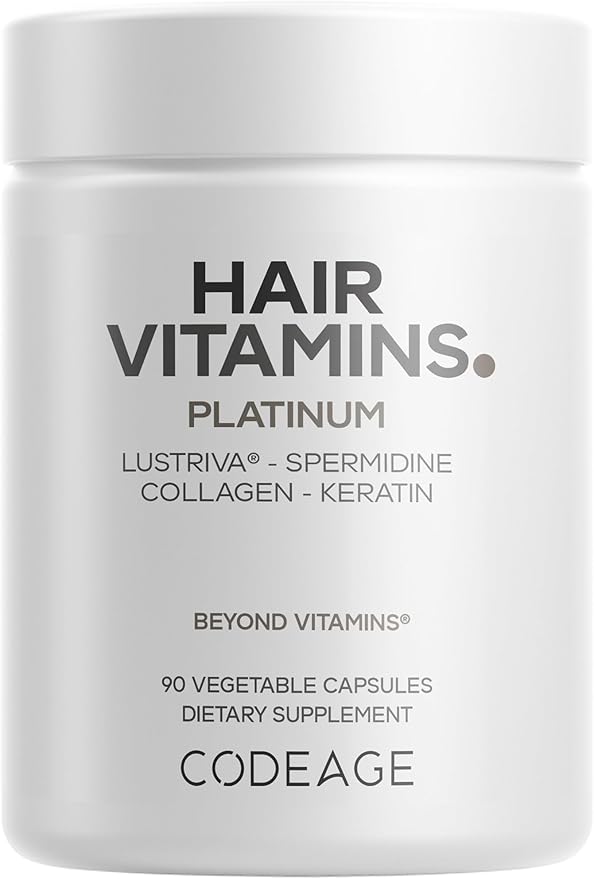 Codeage Hair Vitamins Platinum - Lustriva Hair Growth Support Spermidine AstraGin Biotin Keratin Collagen Enzymes Omega-3 Multivitamins Probiotics – Healthy Hair Supplement - 90 Capsules
