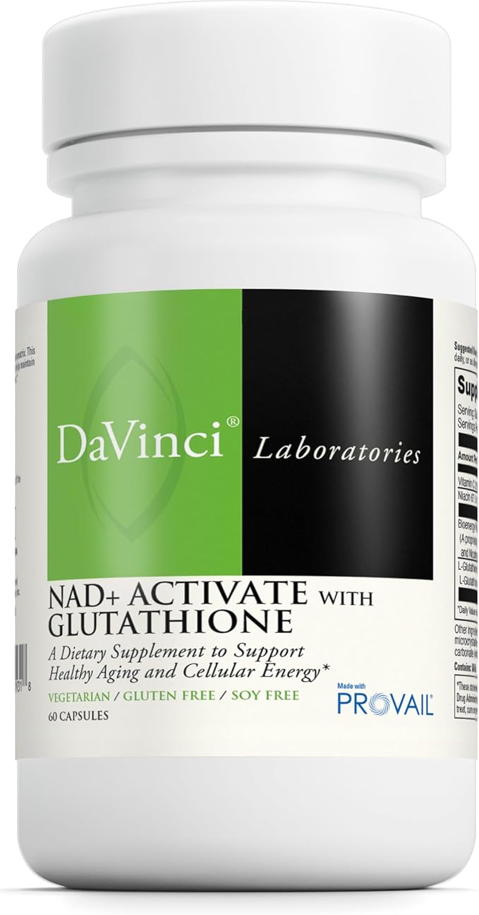 DAVINCI Laboratories NAD+ Activate with Glutathione - Cellular Energy Support Brain Health &amp Healthy Aging* - Vegetarian Soy Free &amp Gluten Free - 60 Capsules (30 Servings)