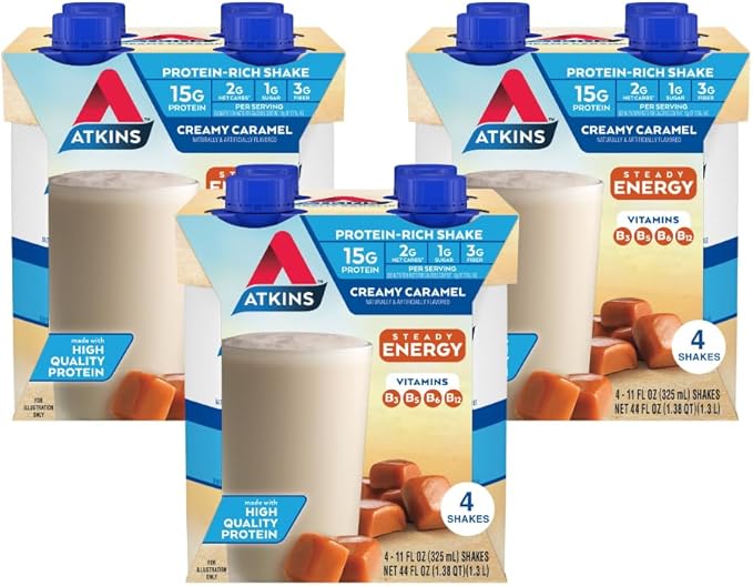 Atkins Energy Shake Creamy Caramel with B Vitamins and Protein Keto-Friendly and Gluten Free 4 Count(Pack of 3) Bundle with Atkins Chai Tea Latte Protein Shake 15g Protein Low Glycemic