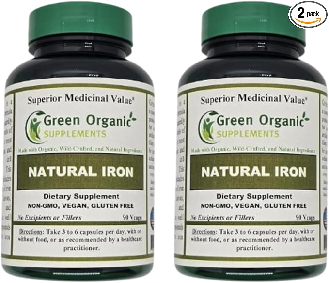 (Pack-2) Green Organic Supplements' Iron 2000mg 180 Hand Made Vegan Non-GMO &amp Gluten Free Natural Iron Capsules