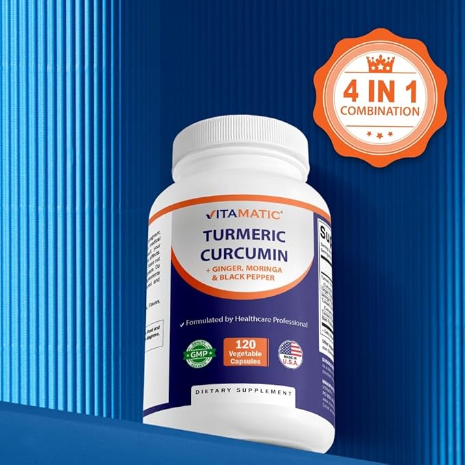 Vitamatic 810078475422 Turmeric Curcumin Supplement – Plant-Based Botanical Extract with Black Pepper Ginger &amp Moringa – Vegetarian Non-GMO Gluten-Free – 120 Capsules - 3 Pack (360 Capsules)
