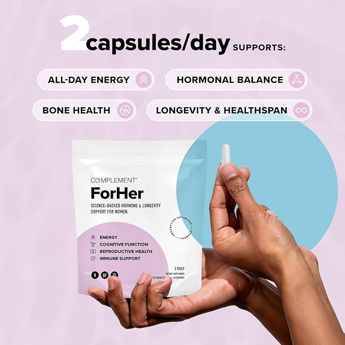 Complement ForHer Multivitamin - Hormone Balance for Women (60 Servings) Inositol Supplement Longevity Support- B9 Iron - 120 Capsules