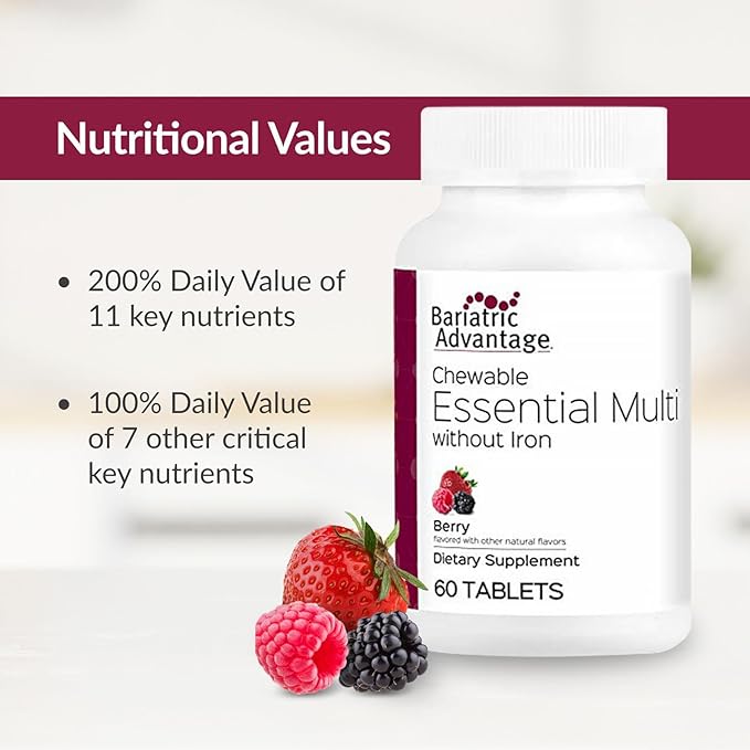 Bariatric Advantage Chewable Essential Multivitamin Without Iron - 200 DV of Key Nutrients - Trace Mineral Support* - Multivitamins for Bariatric Patients - Berry - 60 Count