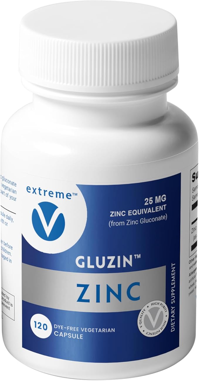 Gluzin Zinc Gluconate 25 mg | Immune &amp Enzyme Support - Vegan Friendly (120 Vegetarian Capsules)