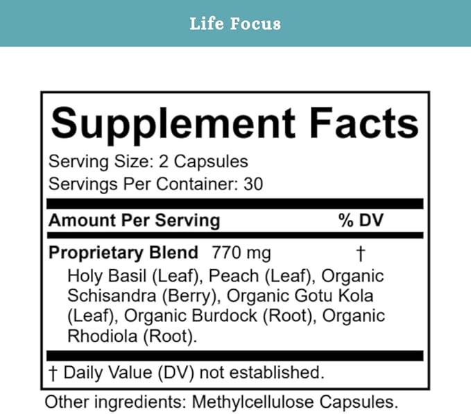 SPRIGS Life Focus Adaptogenic Brain Support Supplement 120 Capsules | Herbal Blend with Organic Rhodiola for the Nervous System Mental Clarity &amp Calm Focus | Non-Stimulating Formula for Steady En