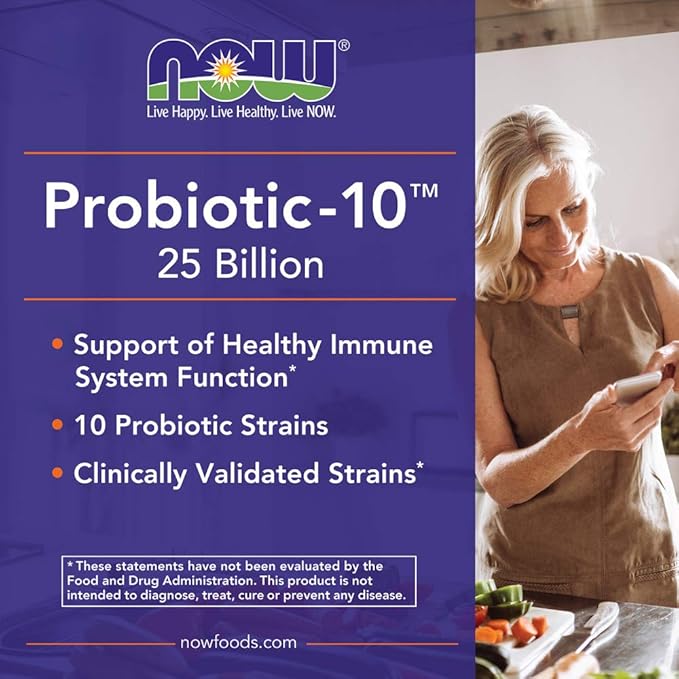 NOW Foods Probiotic-10™ 25 Billion with 10 Probiotic Strains Dairy Soy and Gluten Free Strain Verified 180 Veg Capsules