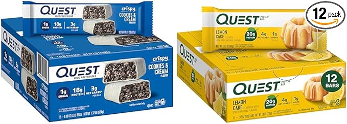 Quest Nutrition Crispy Cookies &amp Cream Hero Protein Bar 18g Protein 1g Sugar &amp Lemon Cake Protein Bars High Protein Low Carb Gluten Free Keto Friendly 12 Count (Pack of 1)