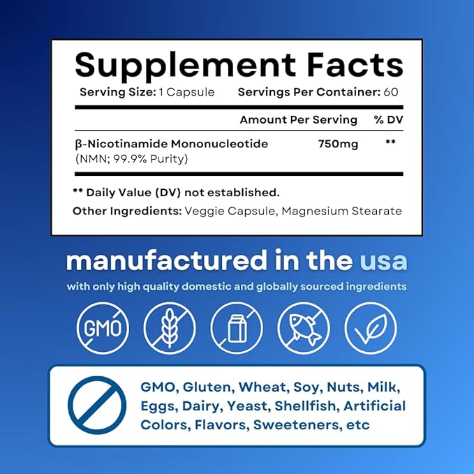 NMN 750mg Per Capsule - 99% Pure Nicotinamide Mononucleotide - Increased NAD+ Mitochondrial Function Healthy Aging Brain Health &amp Energy Support - 60 Capsules Non GMO Gluten Free Supplement