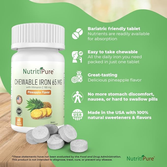 Chewable Iron 65mg with Vitamin C Bundle Orange and Pineapple Flavor 120 Days Supply for Women/Men