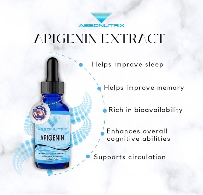 Absonutrix Apigenin 75 mg per Serving 4 Fl Oz Bottle 200 Potent Servings Made in USA Quick Absorption Quality Potent Ingredients Non-GMO GMP Certified Facility Cruelty-Free Products