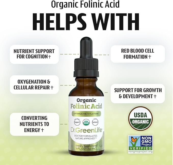 Dr. Green Life USDA Organic Folinic Acid Drops - 500 mcg per Drop | Methylation Support B9 Supplements for Kids &amp Adults | Supports Neurological Function Nervous System Health &amp DNA Synthesis